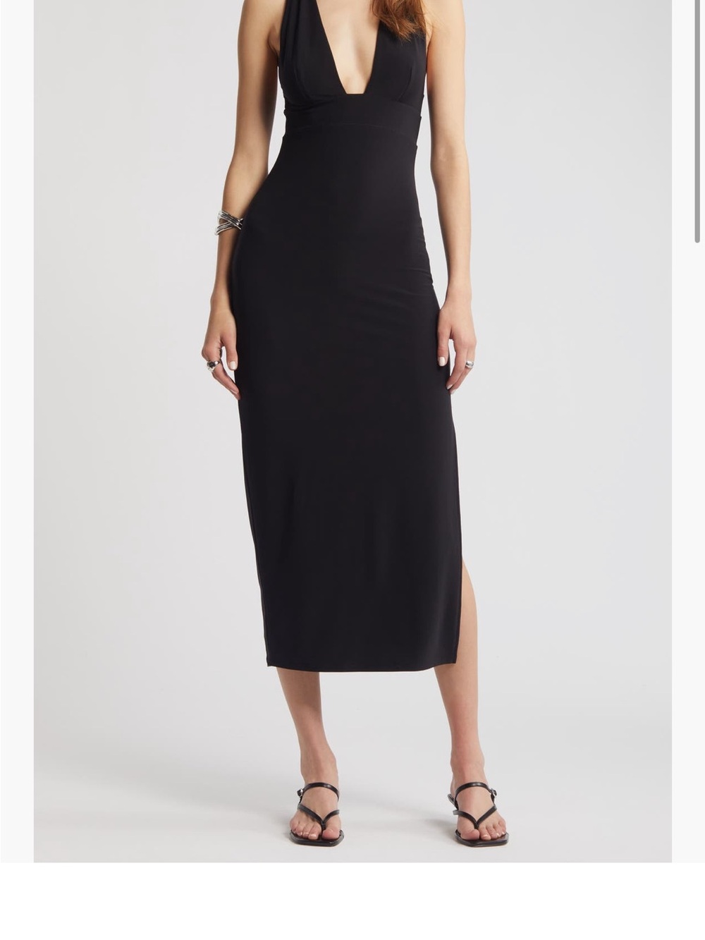 Open Edit Deep V-Neck Black Midi Dress